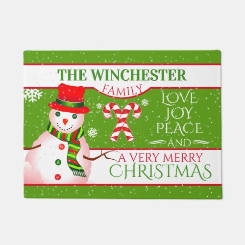 FUN Snowman in Red Hat and Scarf  GREEN Christmas Doormat