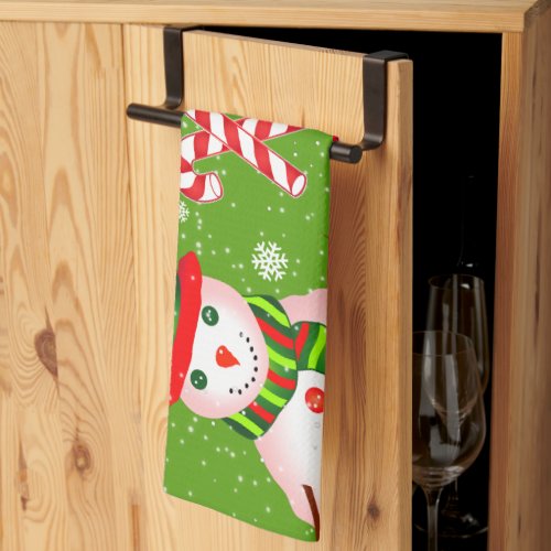 FUN Snowman in Red Hat and Scarf  GREEN Christmas Kitchen Towel