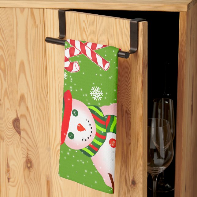 FUN Snowman in Red Hat and Scarf | GREEN Christmas Kitchen Towel (Thirds Fold)