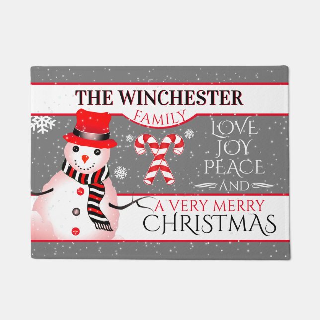 FUN Snowman in Red Hat and Scarf | GREY Christmas Doormat (Front)