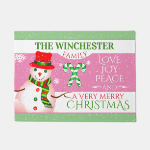 FUN Snowman in Red Hat and Scarf   PINK Christmas Doormat