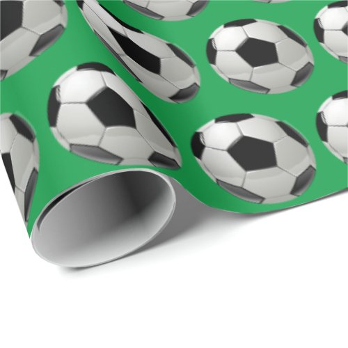 Fun Soccer Ball Pattern on Green Wrapping Paper