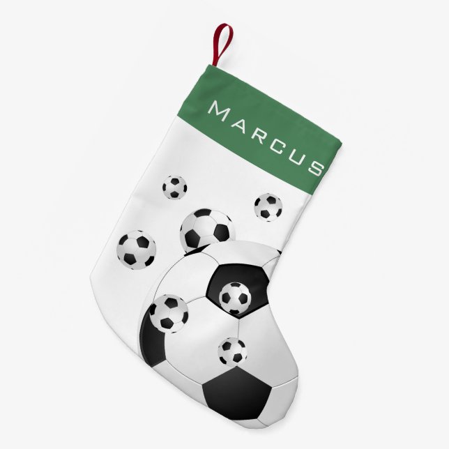 Fun Soccer Football Balls Green Name Kids Small Christmas Stocking (Front (Hanging))