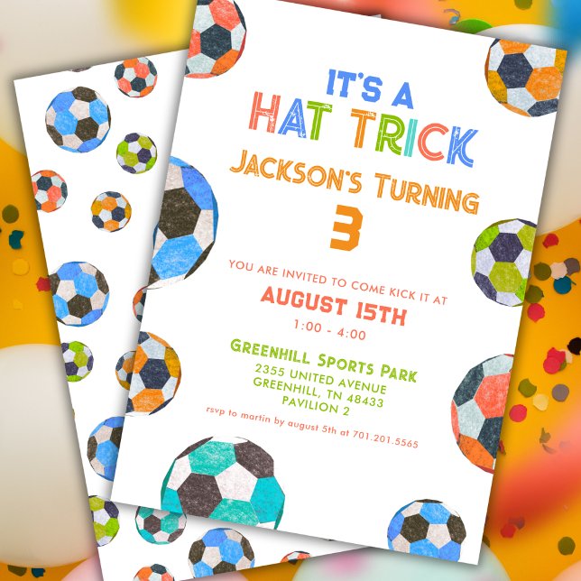 Fun Soccer Hat Trick 3rd Birthday Invitation (Creator Uploaded)