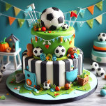 FUN SOCCER THEME  KIDS BIRTHDAY CAKE CARD<br><div class="desc">COOL SOCCER THEMED BIRTHDAY LAYER CAKE ON THE FRONT OF THE CARD.  COMPLETELY EDITABLE COPY ON THE BACK.</div>