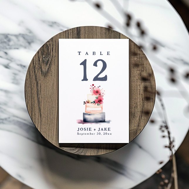 Fun soft wedding cake Table Number Seating Chart (Watercolor Wedding Cake Table Number card. Featuring a beautiful watercolor style illustration.)