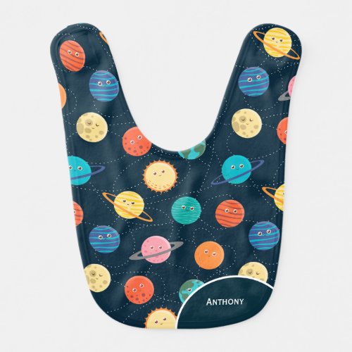 Fun Solar System Planets Pattern Blue Baby Bib