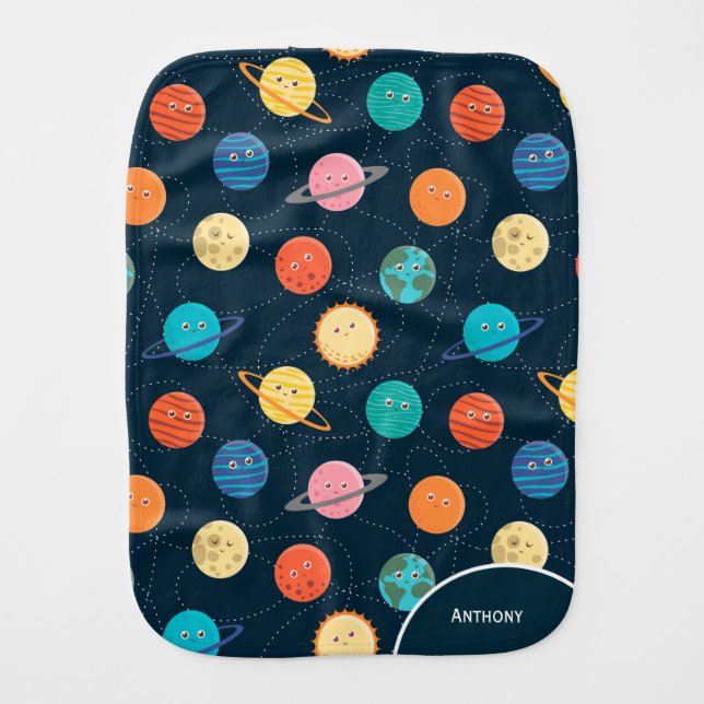 Fun Solar System Planets Pattern Blue Baby Burp Cloth (Front)