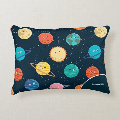 Fun Solar System Planets Pattern for Kids Blue Acc Accent Pillow