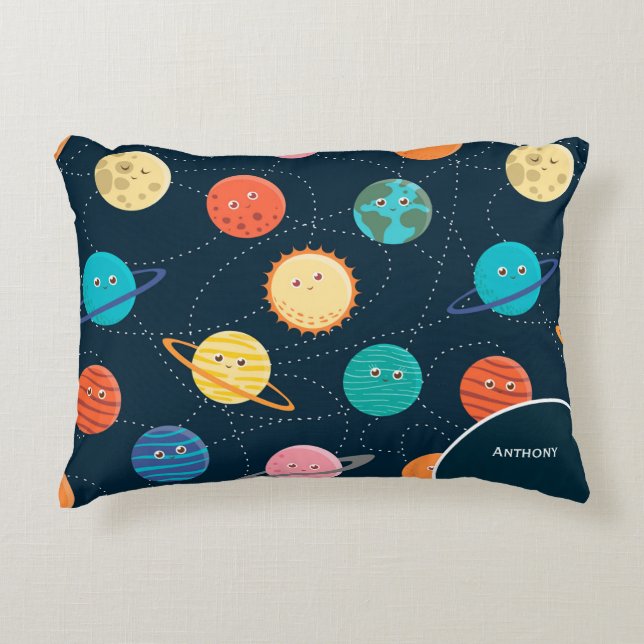 Fun Solar System Planets Pattern for Kids Blue Acc Accent Pillow (Front)