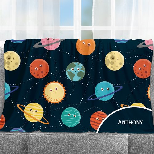 Fun Solar System Planets Pattern for Kids Blue Fleece Blanket