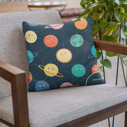 Fun Solar System Planets Pattern for Kids Blue Throw Pillow