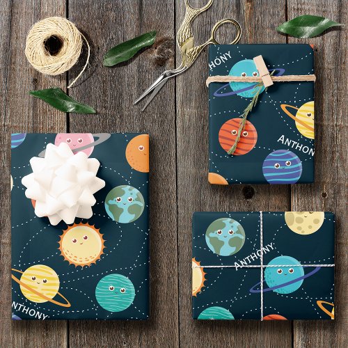 Fun Solar System Planets Pattern for Kids Blue Wra Wrapping Paper Sheets