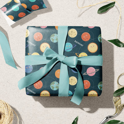 Fun Solar System Planets Pattern for Kids Blue Wrapping Paper