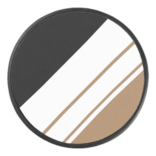Fun Sophisticated Black Tan White Racing Stripes  Hockey Puck (Front)