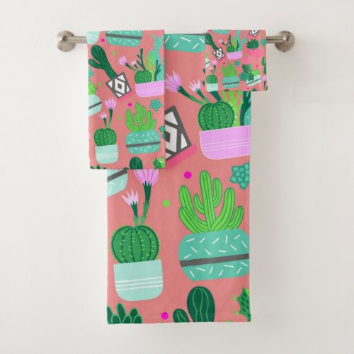 Fun Southwestern Cute Girly Pink Cactus Pattern Bath Towel Set