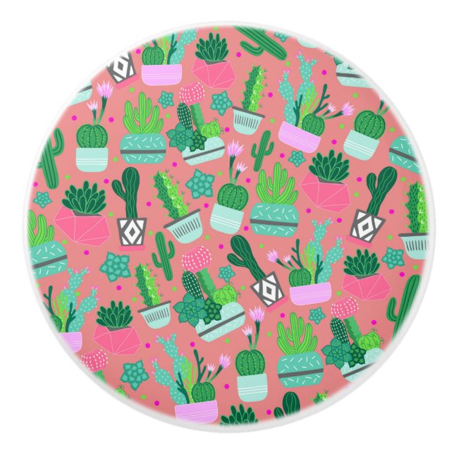 Fun Southwestern Cute Girly Pink Cactus Pattern Ceramic Knob (Front)
