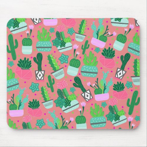 Fun Southwestern Cute Girly Pink Cactus Pattern Mouse Pad