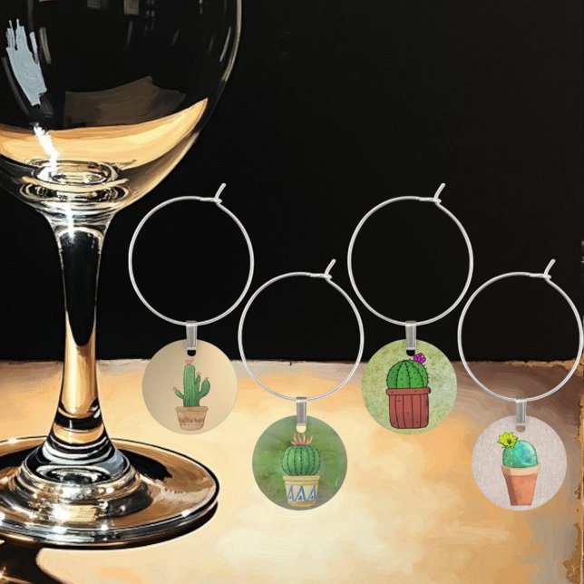 Fun Southwestern Style Cactus Artwork Wine Charm (wine charms available as a set or individually)