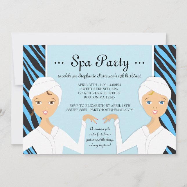 Fun Spa Girl Birthday Spa Party Invitation | Zebra (Front)