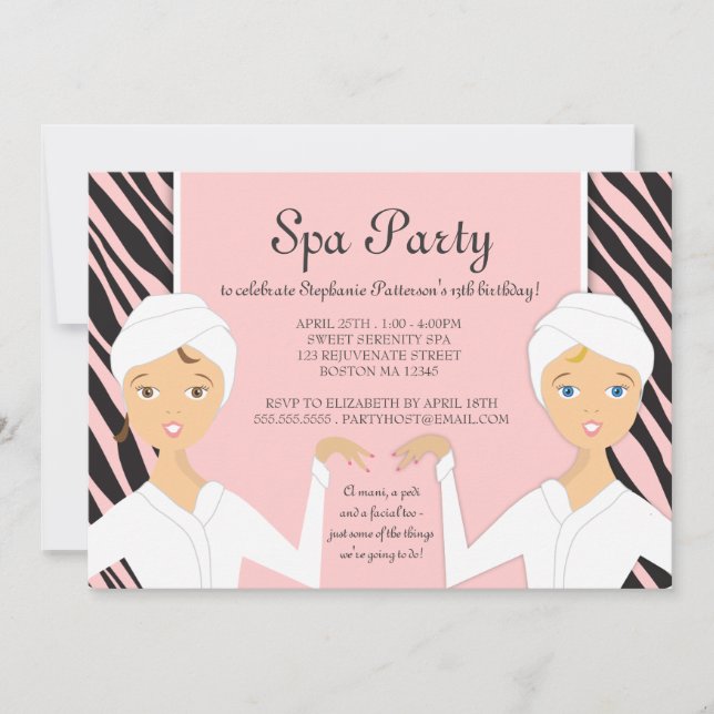 Fun Spa Girl Birthday Spa Party Invitation | Zebra (Front)