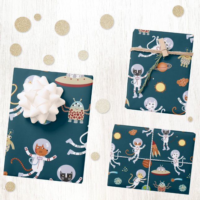 Fun Space Cat Astronaut Pattern Wrapping Paper Sheets (Fun space themed kitty cat astronaut pattern gift wrapping paper sheets)