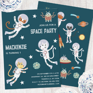 Fun Space Cats First Birthday Party Invitation