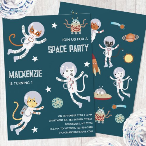 Fun Space Cats First Birthday Party Invitation