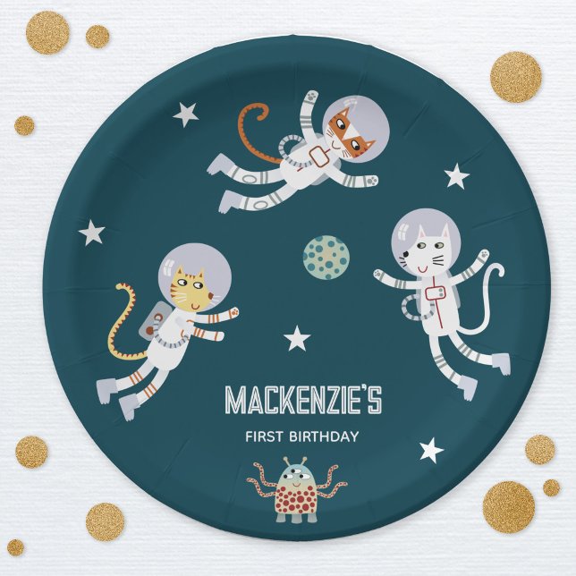 Fun Space Cats First Birthday Party Paper Plates (Fun space themed cat first birthday party personalized kids name paper plates)