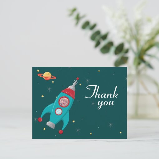 Fun space rocket birthday thank you photo postcard | Zazzle