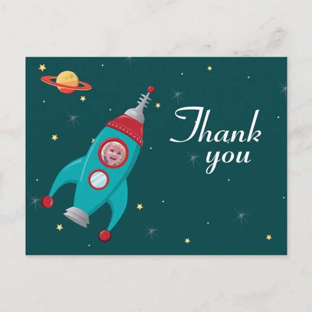 Fun space rocket birthday thank you photo postcard (Front)