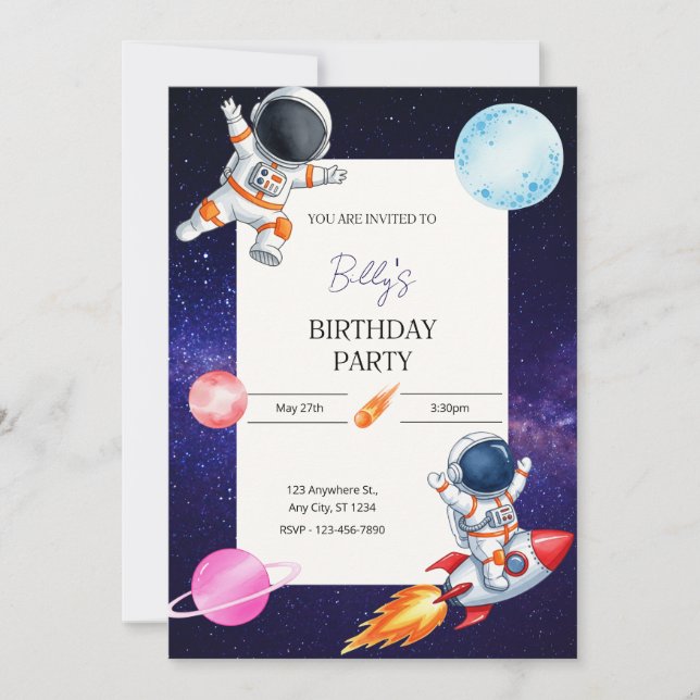 Fun Spaceman & Rocket Child's birthday invitation (Front)