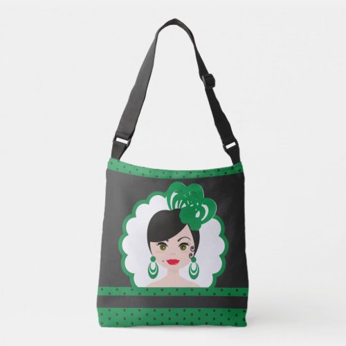 Fun Spanish Flamenca Doll in Green and Black Crossbody Bag