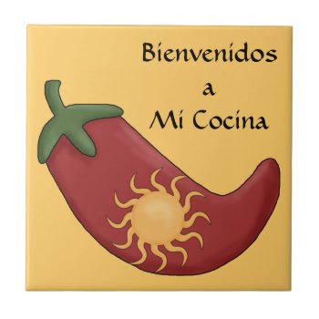 Fun Spanish Hot Red Chile Pepper Kitchen Welcome Ceramic Tile by She_Wolf_Medicine at Zazzle