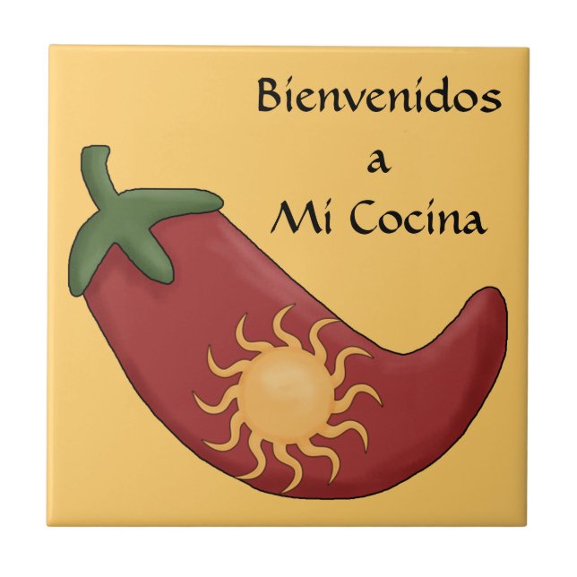 Fun Spanish Hot Red Chile Pepper Kitchen Welcome Ceramic Tile (Front)