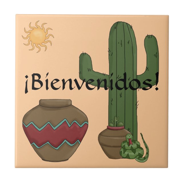 Fun Spanish Welcome Southwestern Desert Scene Ceramic Tile (Front)