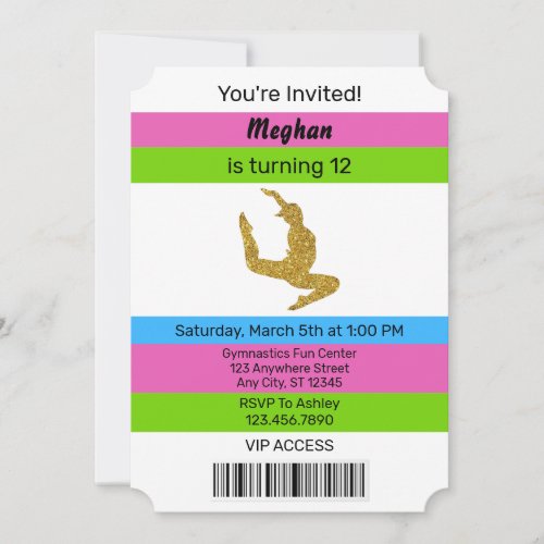 Fun Sparkle Gymnastics Birthday Ticket Invitation