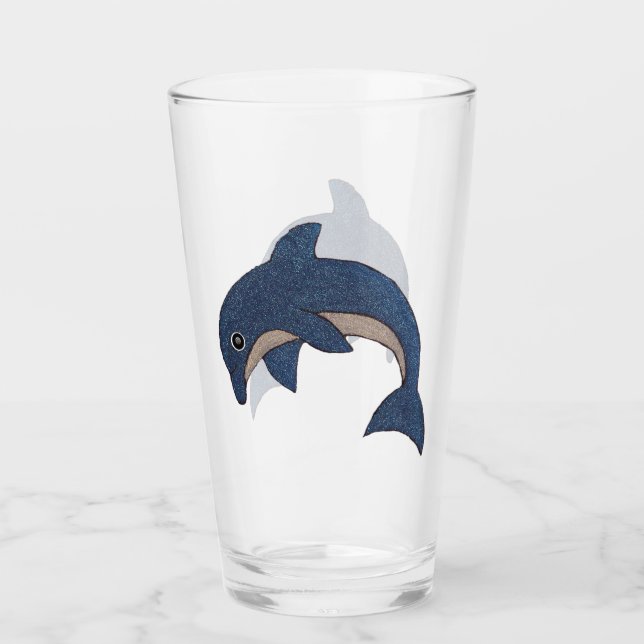 Fun Sparkling Blue White Jumping Ocean Dolphin Glass (Front)