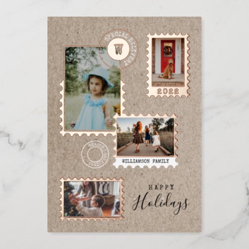 Fun Special Delivery Postage Stamps Photo Collage Foil Holiday Card