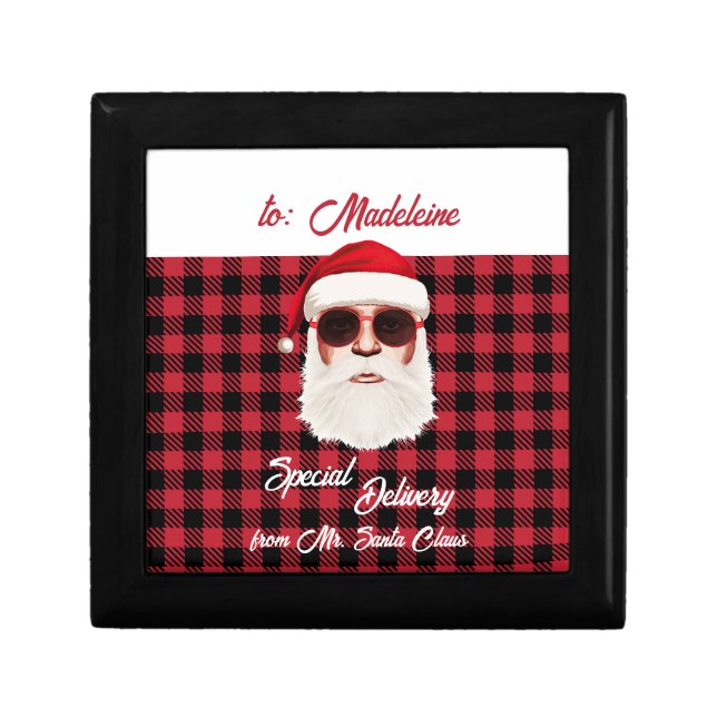 Fun Special Delivery Santa Red Black Buffalo Plaid Gift Box (Front)