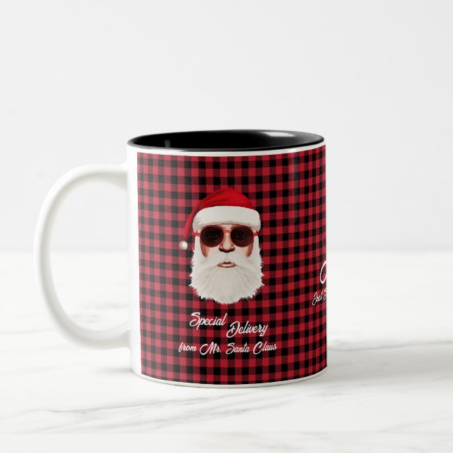 Fun Special Delivery Santa Red Black Buffalo Plaid Two-Tone Coffee Mug (Left)