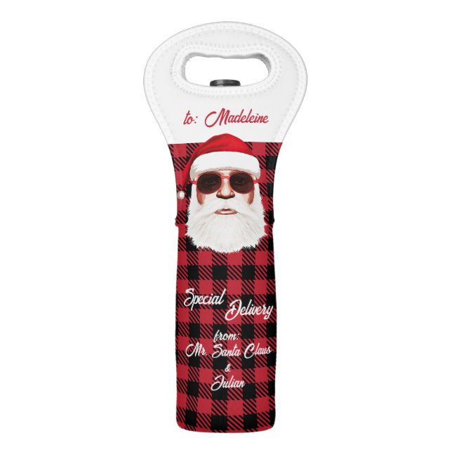 Fun Special Delivery Santa Red Black Buffalo Plaid Wine Bag (Back)