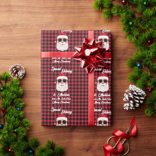 Fun Special Delivery Santa Red Black Buffalo Plaid Wrapping Paper