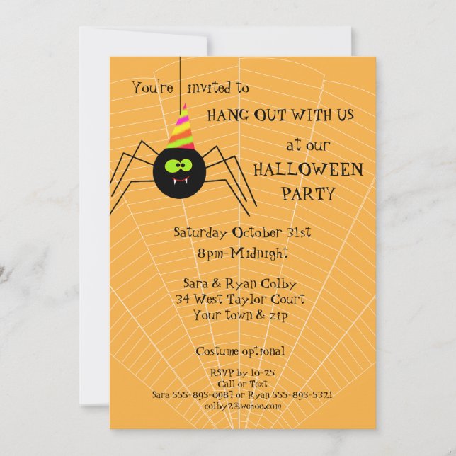 Fun Spider Orange Halloween Party Invitation (Front)
