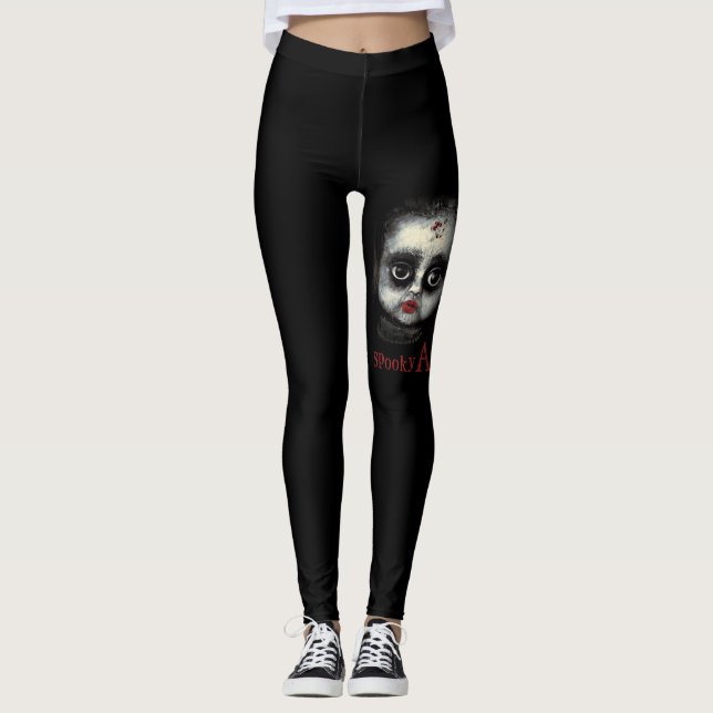 Fun Spooky AF Creepy Goth Doll Face Halloween Leggings (Front)