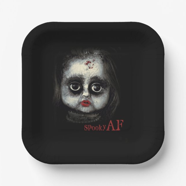 Fun Spooky AF Creepy Goth Doll Face Halloween Paper Plates (Front)