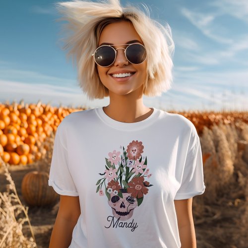 Fun Spooky Blooming Floral Halloween Skull  Tri_Blend Shirt