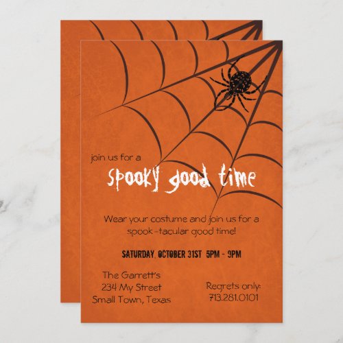 Fun Spooky Spider and Web Black Orange Halloween Invitation