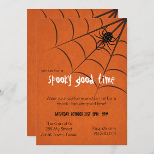 Fun Spooky Spider and Web Black Orange Halloween Invitation