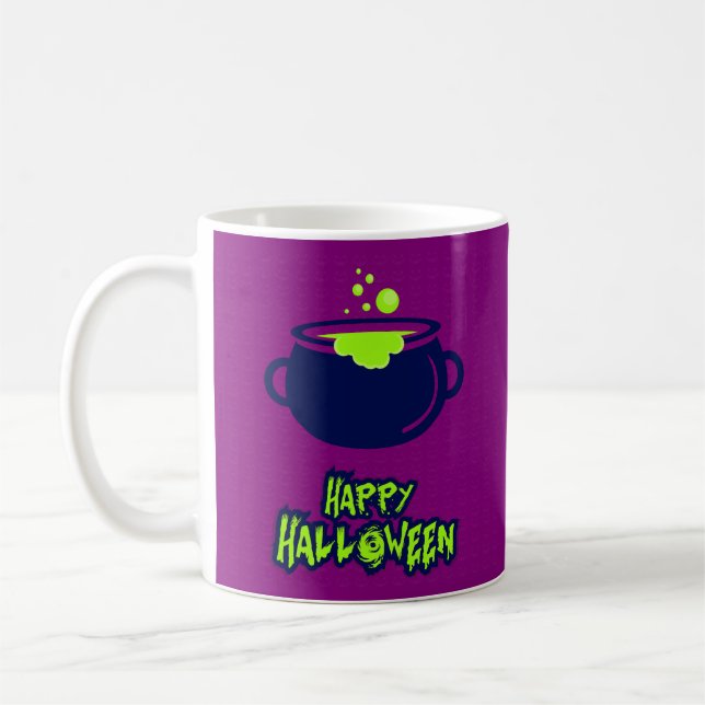 Fun Spooky Vibrant Happy Halloween Purple Black Coffee Mug (Left)